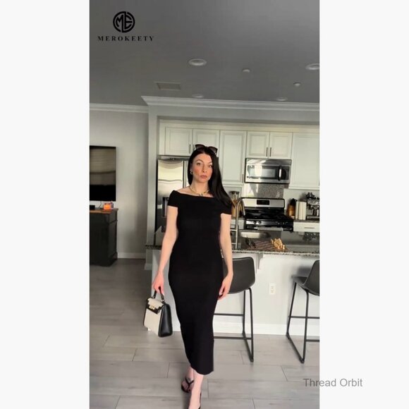 Off Shoulder Bodycon Midi Dress Knit Sweater Formal Cocktail Slim Fit - Picture 7 of 7